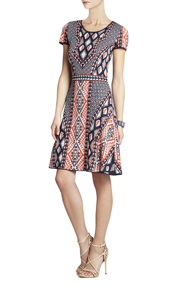 BCBG12 KAYLA PATCHWORK PRINTED JACQUARD DRESS