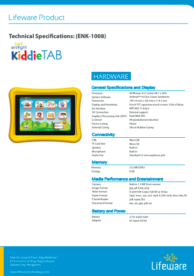 KiddieTab Tech Specs